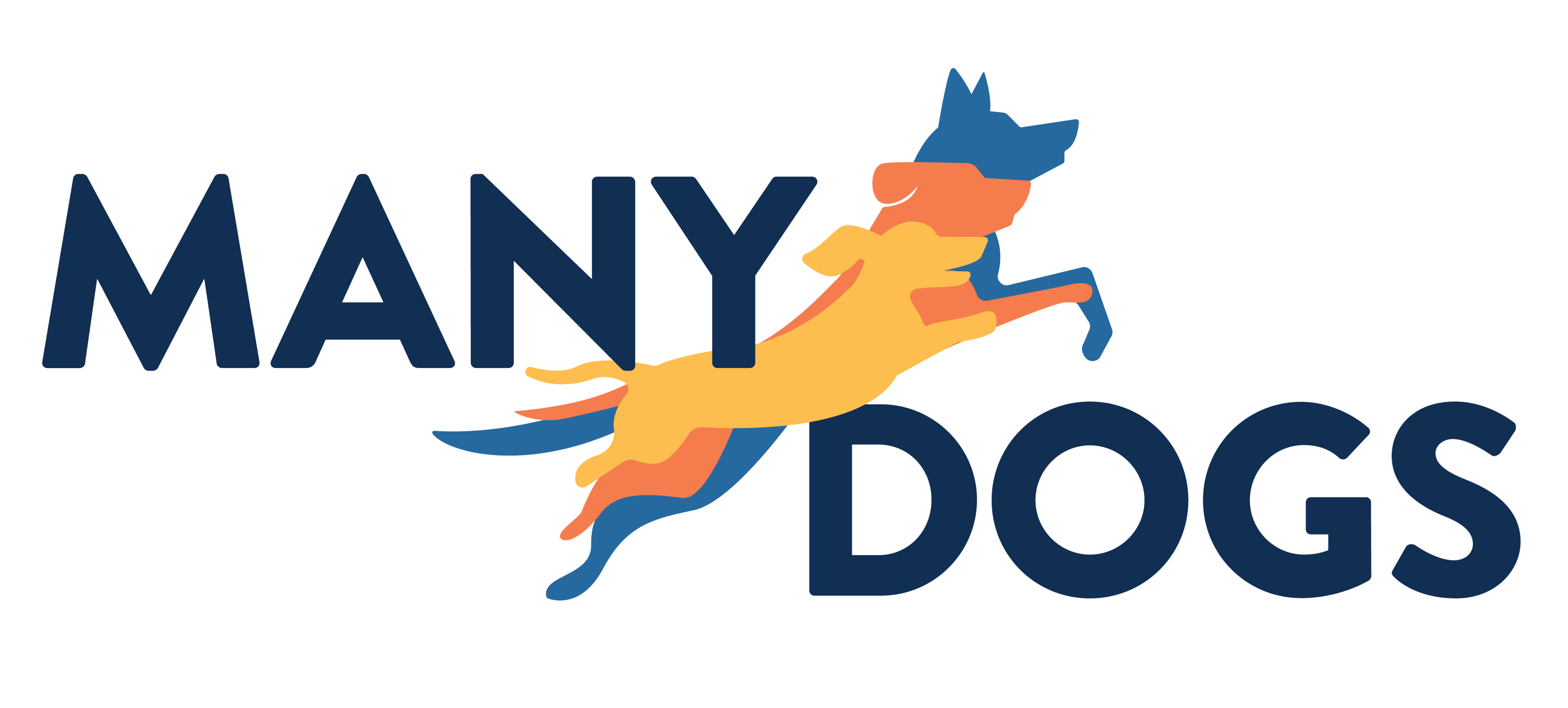 ManyDogs banner with the words Many Dogs and three overlaid dog silouettes (yellow dachshund, orange Laborador retriever, and blue German shepard) jumping in the air.